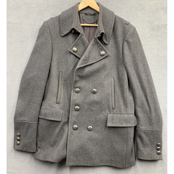 Sarar Interview Wool Pea Coat Military Men’s 44R Gray Silver Buttons Accents